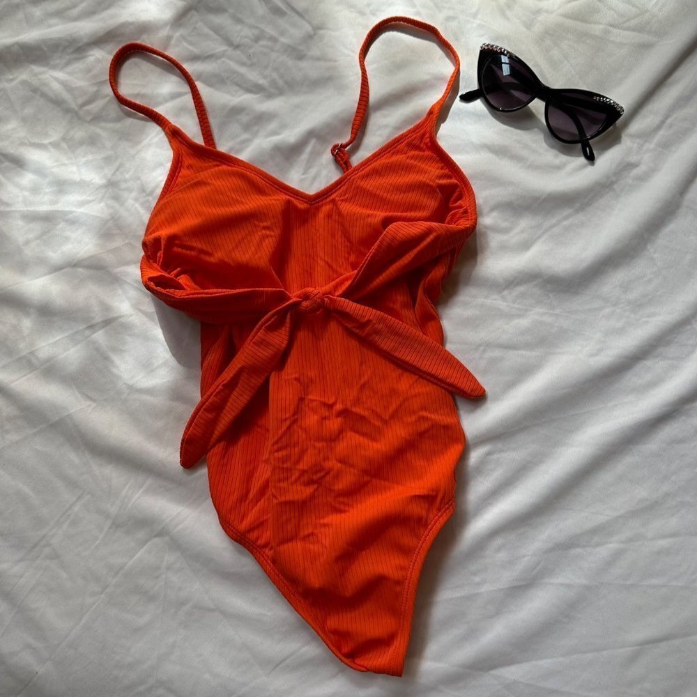 Xhilaration Orange One Piece Front Bow Detail Cheeky Swimsuit Size Small - Picture 1 of 8